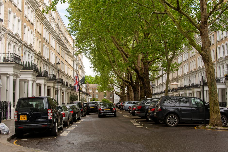 Wide view of a residential street on Mount Street, Mayfair, featuring a row of elegant, white Victorian-style terraced houses with decorative black iron balconies and flagpoles displaying UK flags. The street is lined with large, leafy green trees that extend their branches over parking spaces along both sides of the narrow tarmac road. Multiple parked cars, including black, silver, and grey vehicles, occupy designated spots along the curb, with some torn packing material visible on the pavement near the vehicles. The street appears to be in a quiet, affluent area suitable for house removals and home relocation services, with some cars behind a moving truck that is partially visible on the right side. The environment is well-lit with natural daylight, highlighting the historic architecture and lush tree canopy. Mayfair Removals occasionally operate in such settings, facilitating furniture transport, packing, and loading processes during local moves.